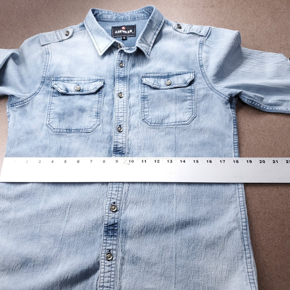 Chambray Shirt Mns S Blue Light Acid Wash Long Sleeve Button Up Slim Skater 90s - Picture 6 of 10